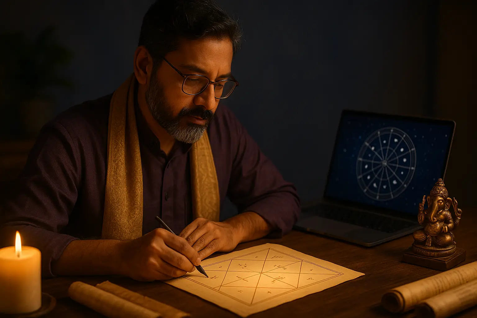 Astrólogo védico analizando una carta natal como parte de un horóscopo védico personalizado online, con laptop y luz cálida de estudio.