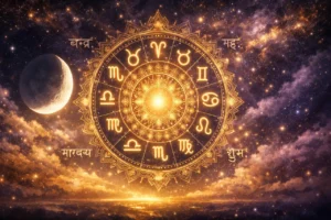 Horóscopo védico semanal acdestiny.com 19-25 enero 2026, mandala cósmico realista y símbolos zodiacales.