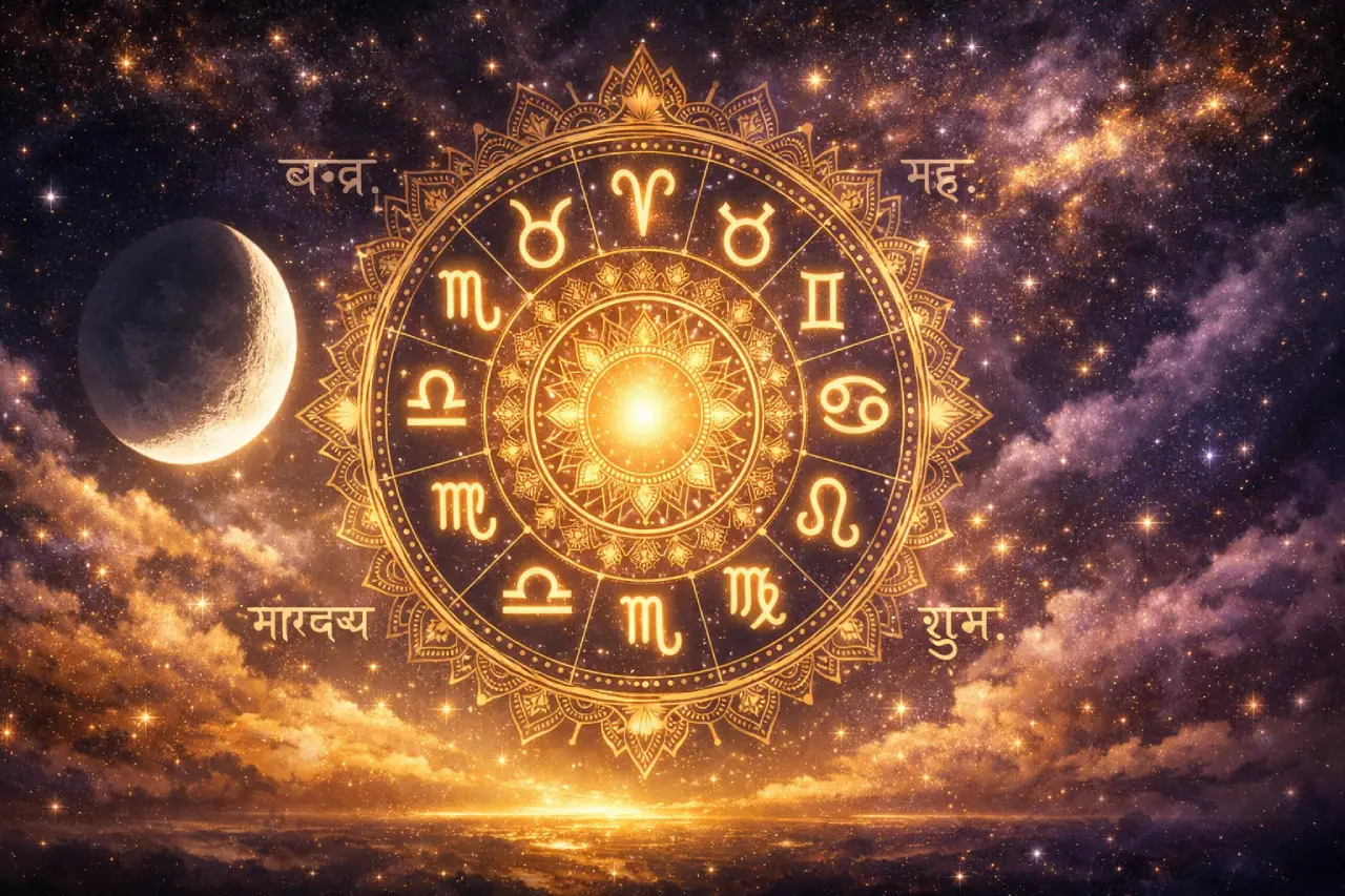 Horóscopo védico semanal acdestiny.com 19-25 enero 2026, mandala cósmico realista y símbolos zodiacales.